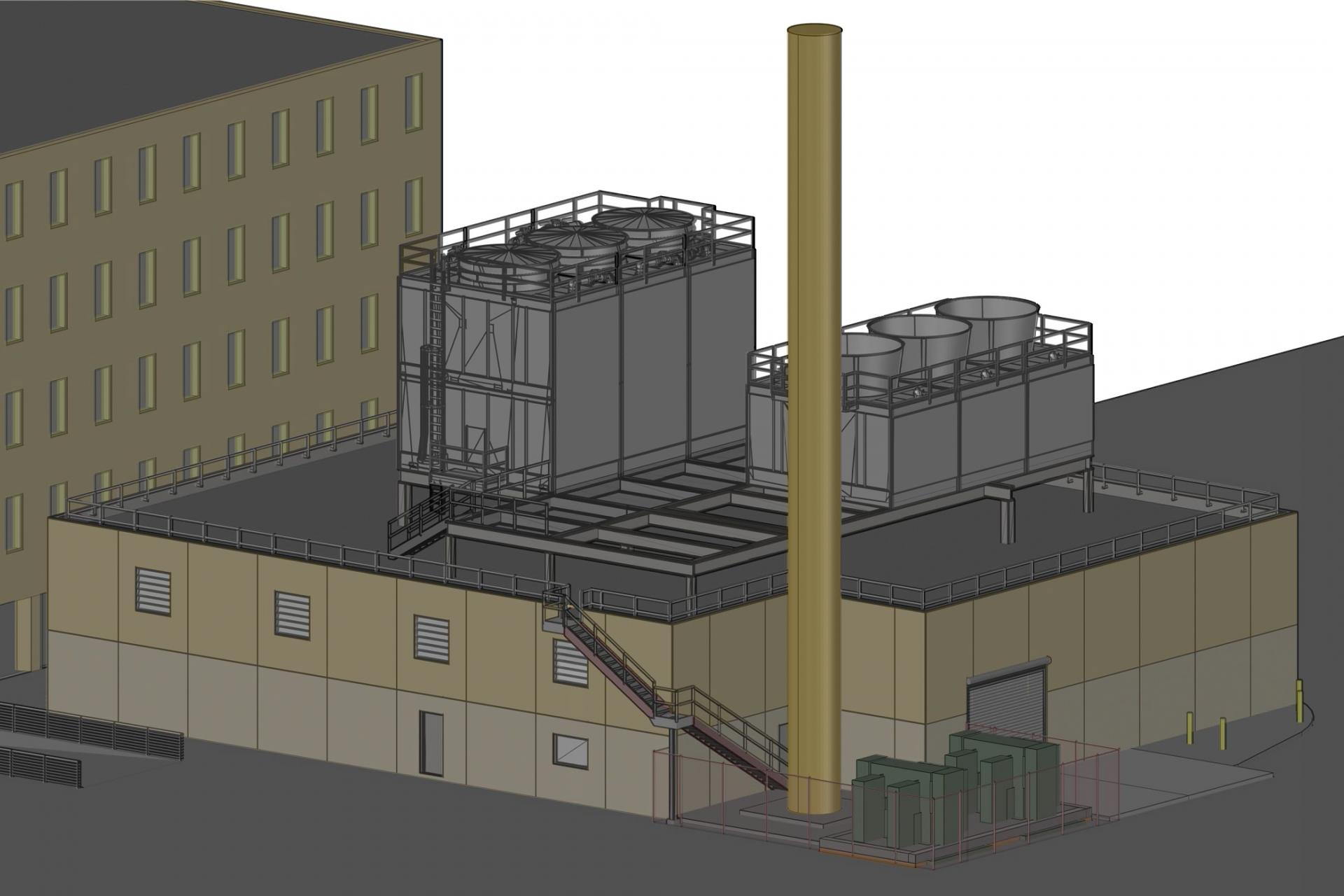 Bird&rsquo;s eye view of structure and cooling towers. 